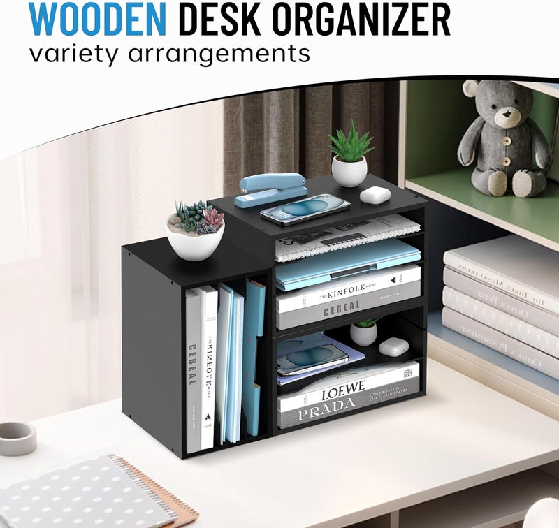 SHARKWOODS Wood Desk Organizer, 3 Tier Paper Tray Organizer for Desk with Adjustable Storage Shelves, Printer Stand Desktop File Organization Paper Sorter Mail Holder for Office Home Classroom, Black - Image 3